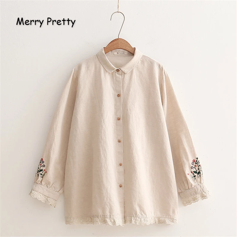 

Merry Pretty Cotton Linen Women's Floral Embroidery Blouses Tops 2019 Autumn Long Sleeve Turndown Collar Lace Patchwork Blouse