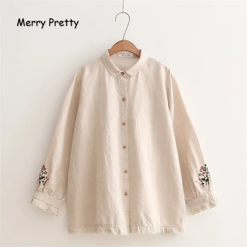 

Merry Pretty Cotton Linen Women's Floral Embroidery Blouses Tops 2019 Autumn Long Sleeve Turndown Collar Lace Patchwork Blouse