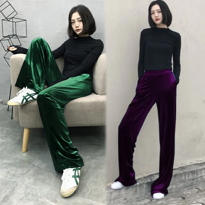 

Free Shipping 2019 New Fashion Long Trousers For Women Pants Plus Size S-4XL Blue Wide Leg European Winter Velvet Black Pants