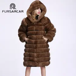FURSARCAR зима Для женщин натуральным мехом пальто 4 цвета Полный Пелт X-длинные длинный рукав лисий мех куртка с меховым капюшоном C127