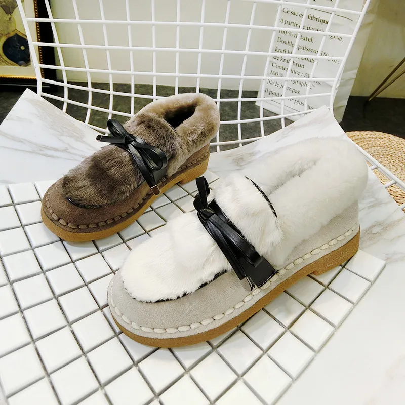 EXCARGO Laofer Shoes Woman Velvet Fur Warm 2018 Winter Spring Casual Sneakers Female Flats Bow Warm Platfomr Woman Loafers Shoes