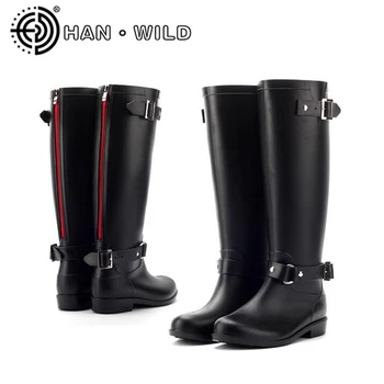 

Punk Style Red Zipper Rain Boots Outdoor Rubber Water Shoes For Women Female Knee-High Motorcycle Boots Plus Size 36-41