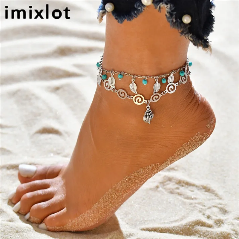 Beiswe Bohemian Dual Layer Chain Anklet Retro Leaves Tassels Pendant Silver Plated Chain Foot Bracelet for Female Beach Sandal Jewelry