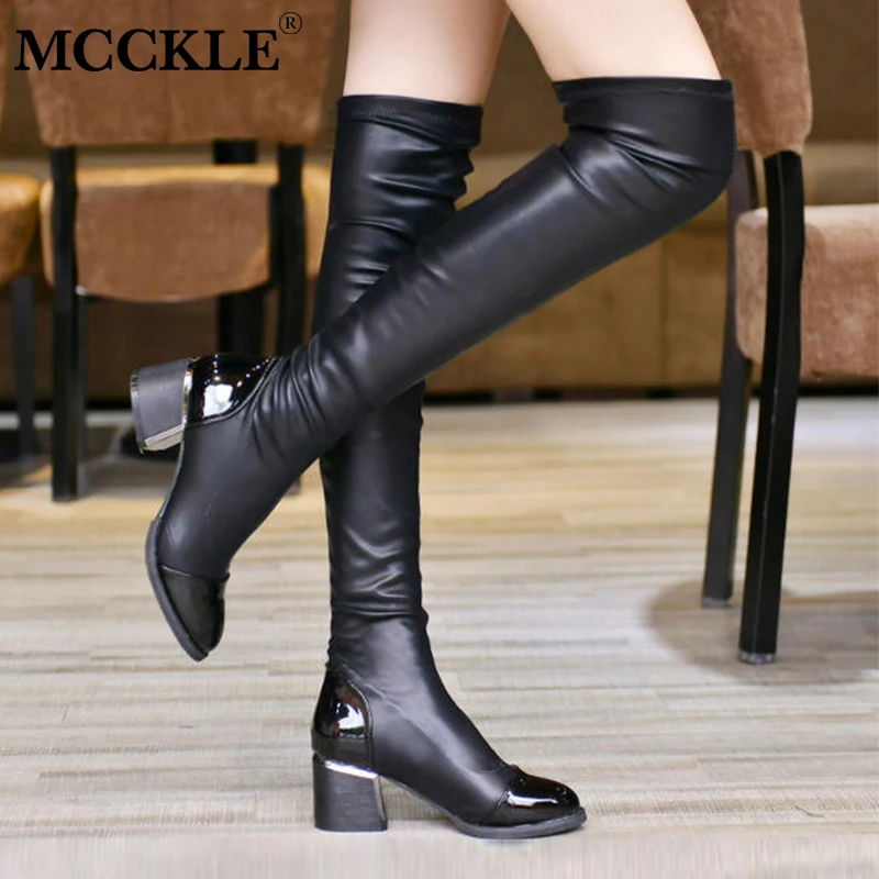 

MCCKLE Women Winter Fur Warm Thigh High Motorcycle Boots Female Slip On Slastic Strect Block Heels Over Knee Boots Fashion Shoes