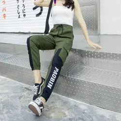 Модная женская одежда прямые комбинезоны повседневные Хип-хоп шаровары уличная Корейская эластичная талия треугольная Пряжка брюки карго