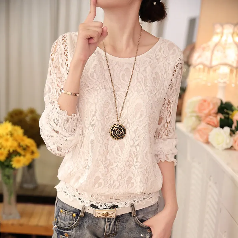 

2019 fashion Summer White lace Women's clothing Long Sleeve Chiffon women shirts blouses Blusas black Women's Tops Blouse 51C 30