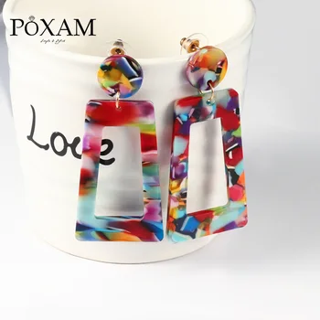 

POXAM 2019 Fashion Personality Long Acrylic Drop Earrings for Women Geometric Colorful Fiber Resin femme Ear Jewelry statement