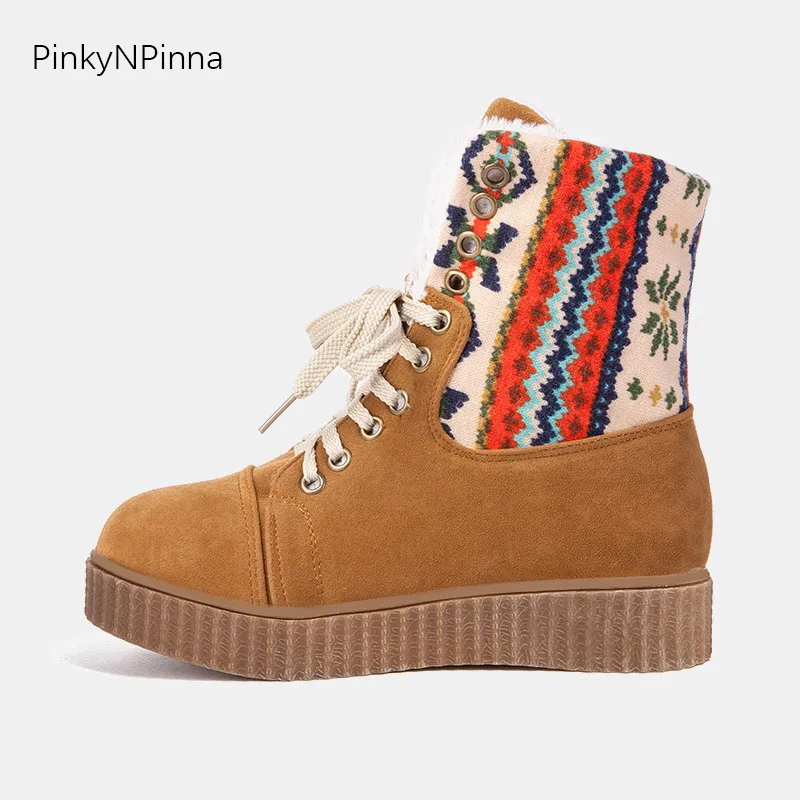 Tanie Damskie buty śniegowe czeski styl vintage sznurowane płaskie kwiatowy pluszowe wewnątrz, ciepłe, wygodne, nie śliskie zima botki