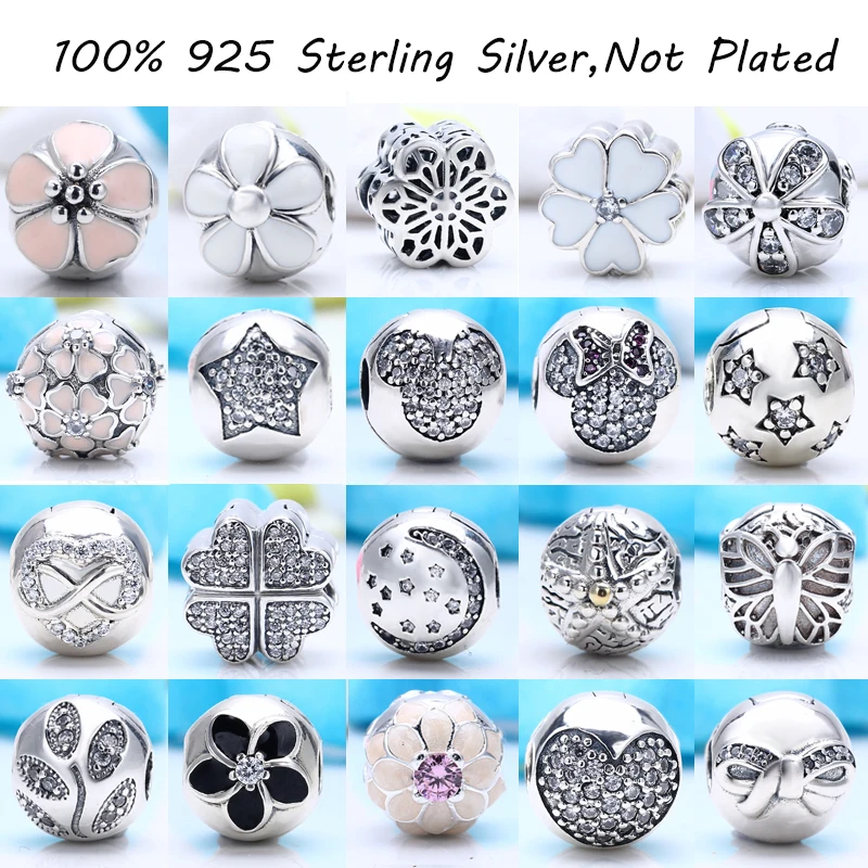 100% Authentic 925 Sterling Silver Charm Clips Beads Stopper Lock Fit Pandora Charm Bracelet DIY Original Silver Jewelry Making