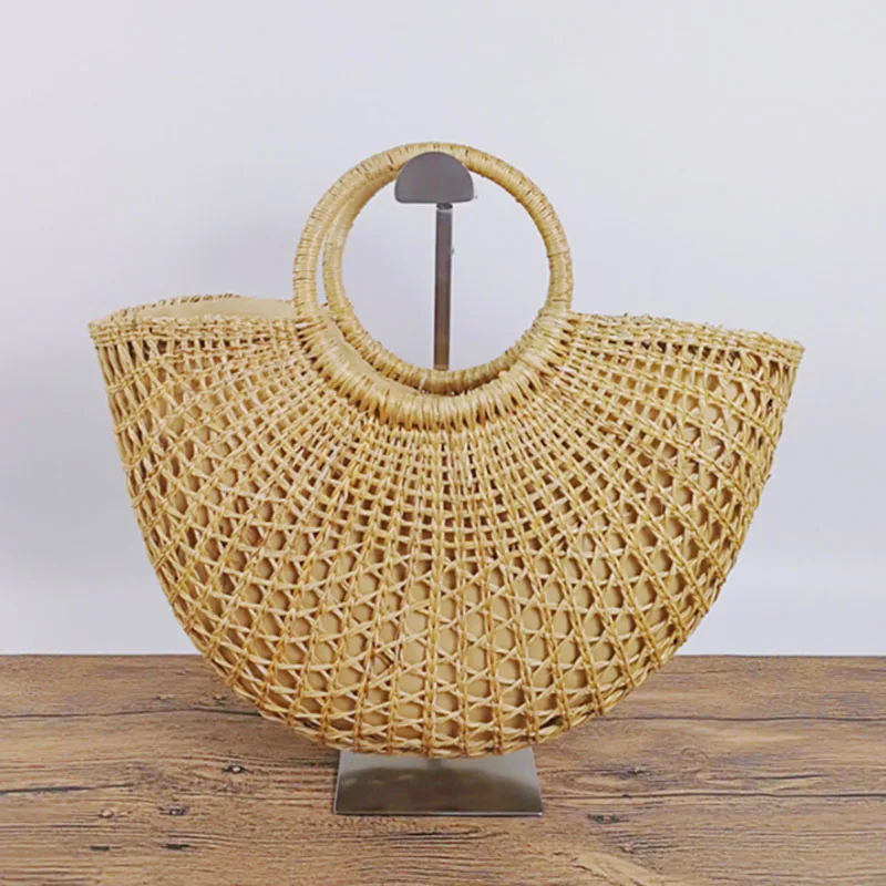 

FGGS Womens Vintage Straw Woven Handbags Casual Beach Vacation Large Tote Bags With Round Handle Ring