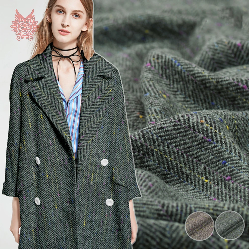 France style green Herringbone 100 wool fabric apparel for coat multi color dot decor woolen