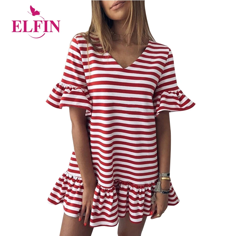 

Sweet women's dress Striped V Neck ruffles Summer casual party female dress mujer 2018 woman clothing Vestidos WS9275R