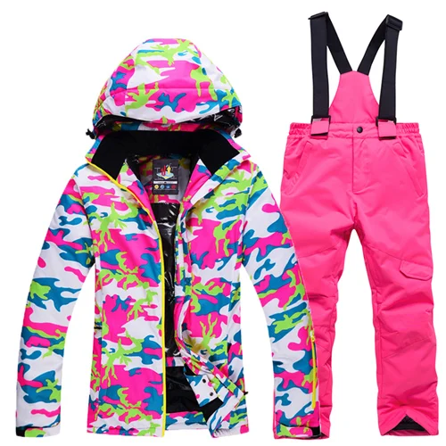 Комплекты для катания на лыжах; лыжные костюмы для девочек; куртка и штаны; детская теплая ветрозащитная Водонепроницаемая зимняя одежда для катания на сноуборде - Цвет: Sets