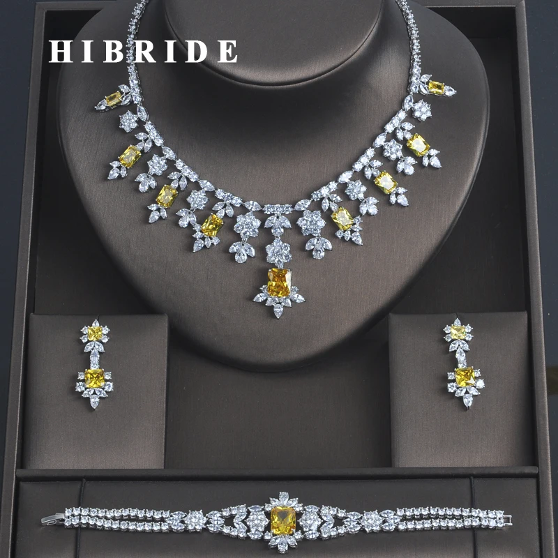 HIBRIDE 3 шт. Роскошный желтый кубический цирконий Женские Ювелирные наборы Свадебные модные украшения Свадебная вечеринка ожерелье набор N-335