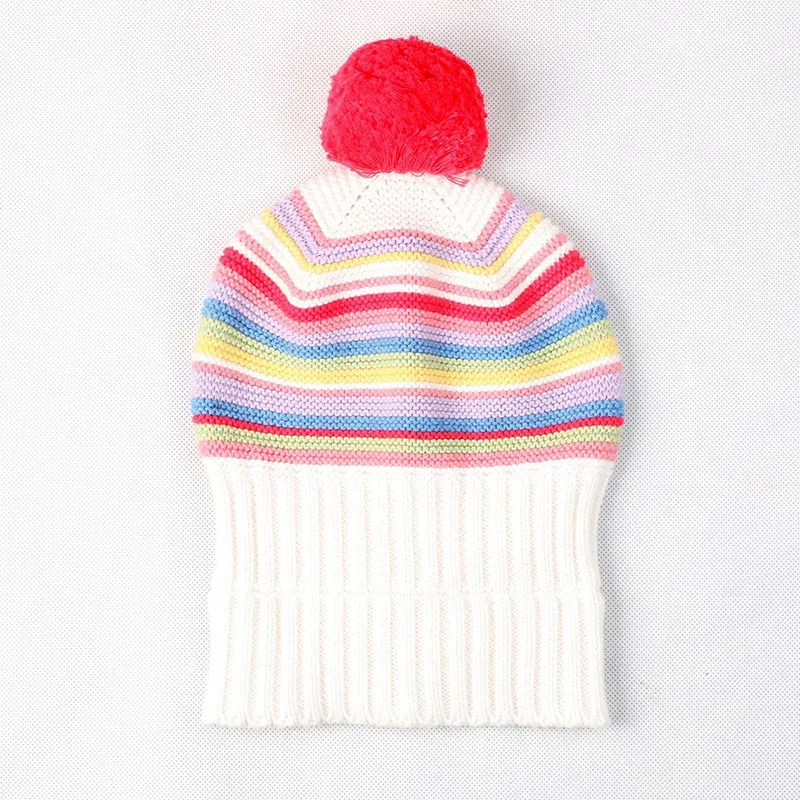 Rainbow Stripe Baby Beanies Warm Hat Winter Thick Crochet Cotton Infant Girls Caps High Quality Comfortable with Pompom 2019 New (4)