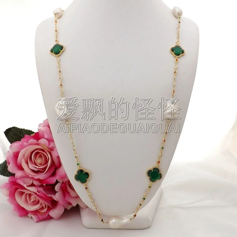 

Women's 37'' White Keshi Pearl Green Crystal Cz pave Chain Necklace