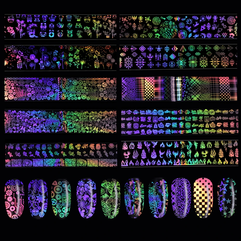 

1 Set Holographic Nail Foil Laser Flame/Robot/Panda/Wave Transfer Nail Art Stickers Tips DIY Manicure Decoration Decals Tools