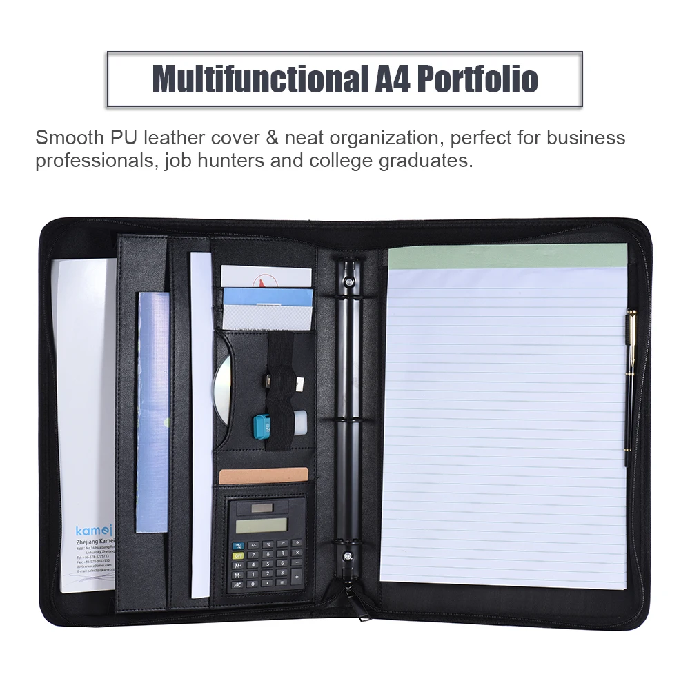 

Multifunctional Business Portfolio Padfolio Folder Document Case Organizer A4 PU Leather Zippered Closure Loose-leaf Caculator