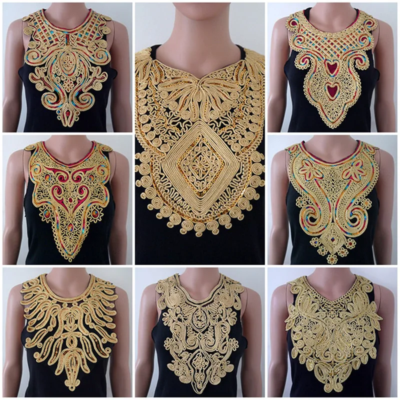 

1pc Craft Gold collar Venise Sequin Floral Embroidered Applique Trim Decorated Lace Neckline Collar Sewing