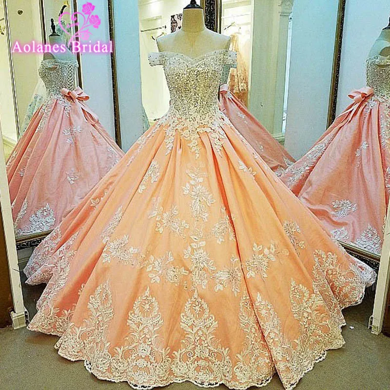 

2017 New Arabic Lace Appliques Bead Bridal Gowns Scalloped Orange Satin Princess Wedding Dresses Ball Gown vestido de noiva