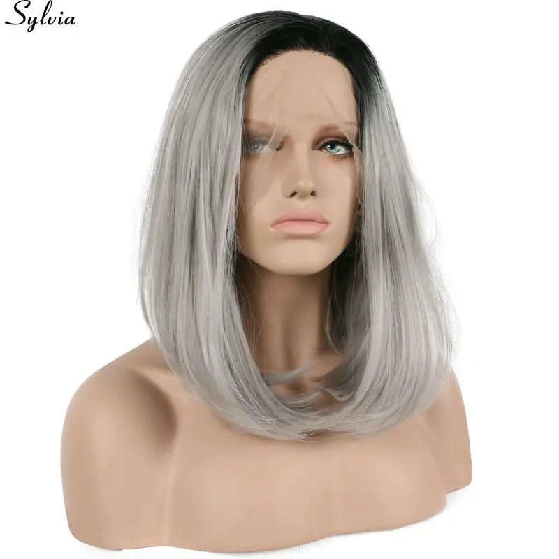 Sylvia 1b серый 12-14 "боб парик черный Ombre серый синтетика Синтетические волосы на кружеве парик жаропрочных волос плеча Длина для женщин
