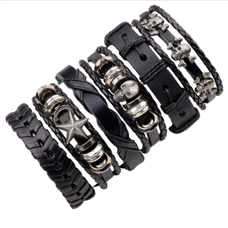 

MKENDN 6PCs/Set Leather Bracelet Multilayer Punk Skull Star Charm Wrap Hand Bracelets Vintage Bracelets & Bangles Men Jewelry