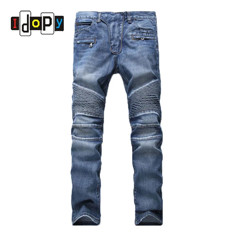 Men's Fashion Brand Designer Ripped Biker Jeans Men Distressed Moto Denim Joggers Washed Pleated Jean Pants Black Blue