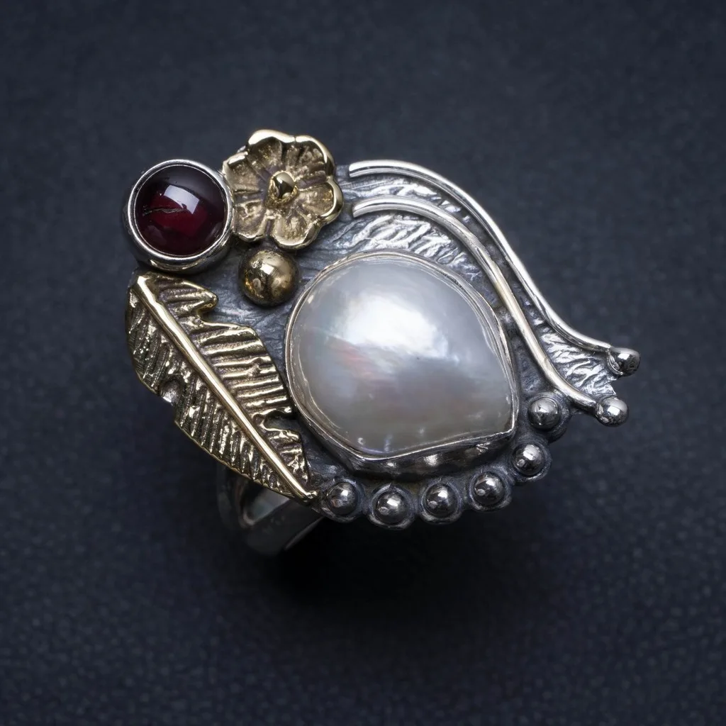 

Natural Two Tones River Pearl and Amethyst Handmade Boho 925 Sterling Silver Ring, US Size 8 S2174