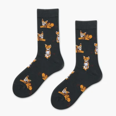 V-Hanver, новинка, милые женские носки из чесаного хлопка с рисунком Kawai, женские забавные повседневные носки с изображением кота, собаки, корги - Цвет: tiger darkgrey