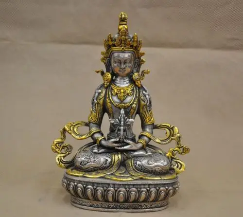 

bi002689 China Tibet Buddhism Amitayus Buddha Silver Bronze Statue Carve Dragons