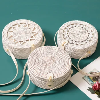 

White rattan bag Handmade straw PU leather buckle hollow round beach bag 2019 summer new fashion women's crossbody bag 20 * 8