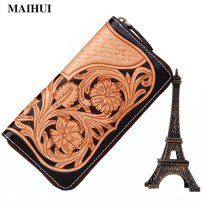 

Maihui long wallet handmade carving leather Floral Designs Card holder pocket new Fashion single zipper Purse wallets for women