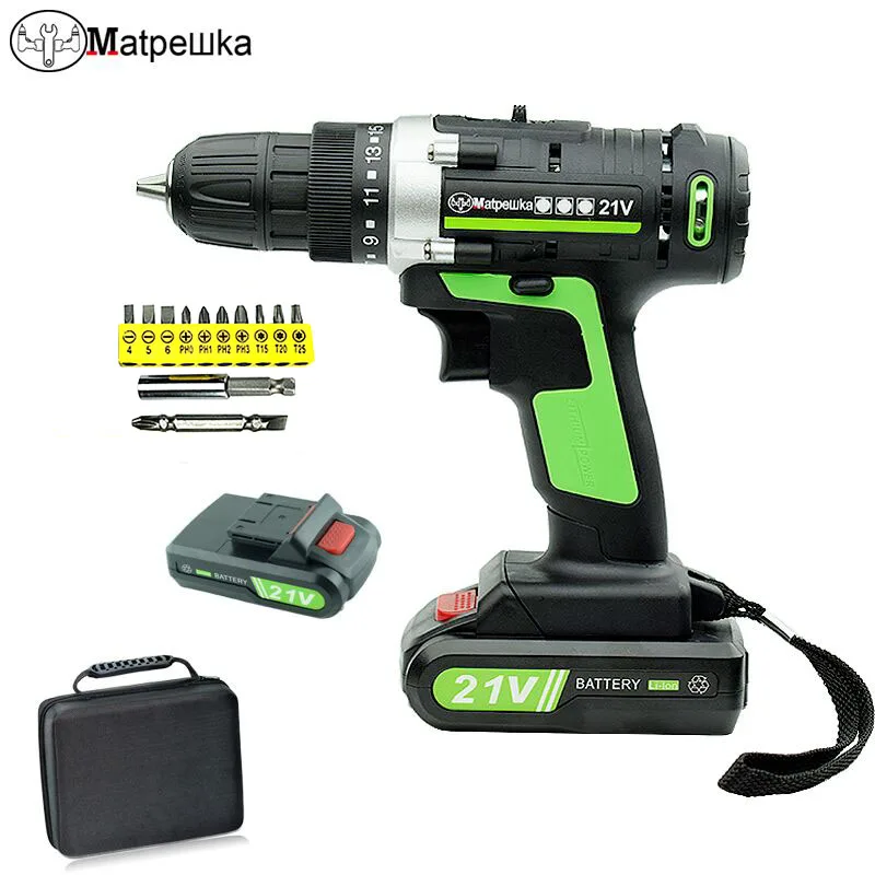 

21V Home Cordless Electric Screwdriver Power Tool Lithium-Ion Rechargeable Mini Cordless Drill Double Speed Drill 2 Battery+Gift