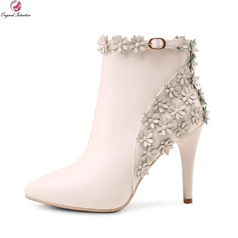 

Original Intention Beautiful Women Ankle Boots Leather Sexy Pointed Toe Thin Heels Boots Black Beige Shoes Woman US Size 4-8.5
