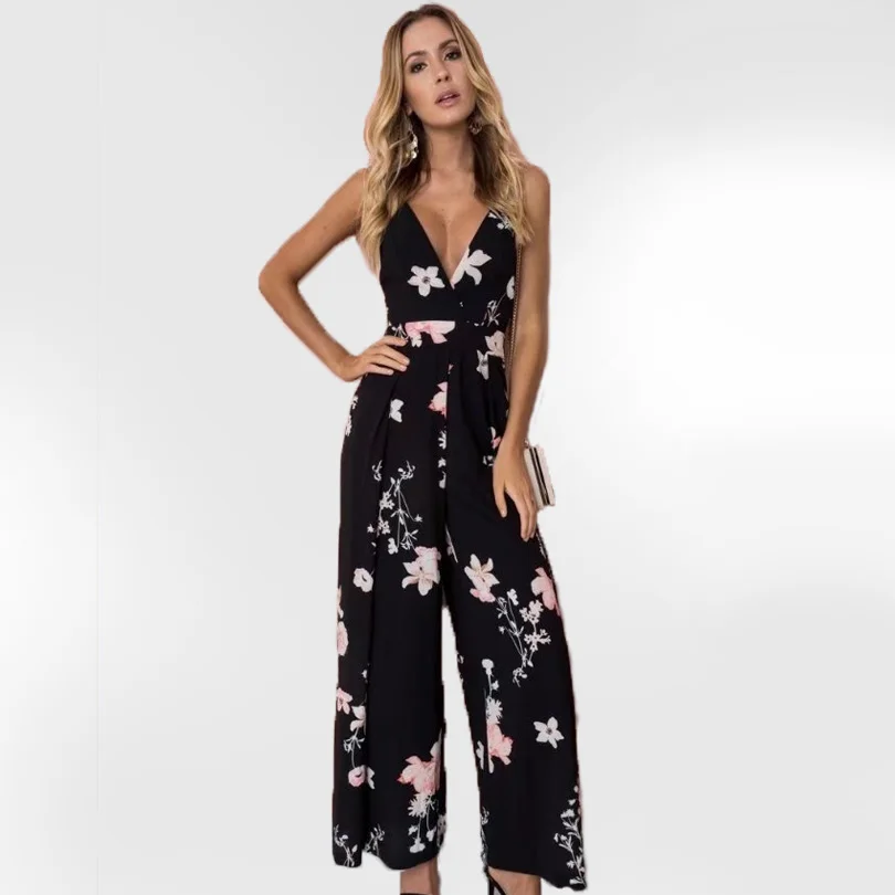 Floral Print Culottes Jumpsuit Women V Neck Wide Leg Loose Casual
