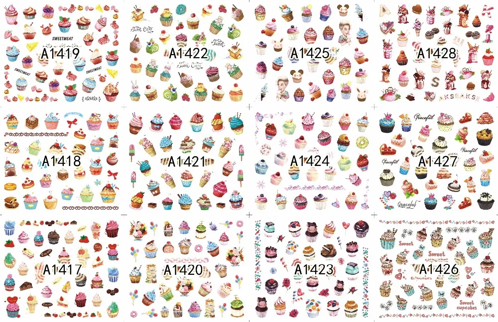 

Wholesale 12sheet/Set Dessert cream fruit Bohemia Water Sticker Designs Nail Art Stickers Decals Makeup Water Tattoos A1417-1464