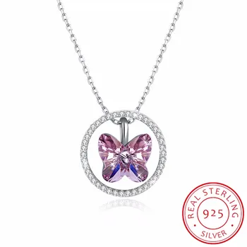 

Real Pure 925 Sterling Silver Mini Butterfly Pendant Necklace Crystals From Austria For Women Wedding Party Jewelry