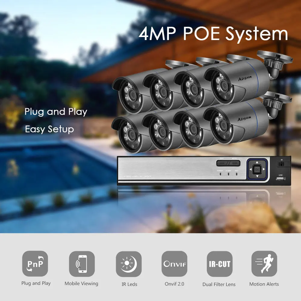  AZISHN 8CH 4MP POE NVR CCTV Sistema di Sicurezza 4MP HD Esterno Impermeabile di Registrazione Audio