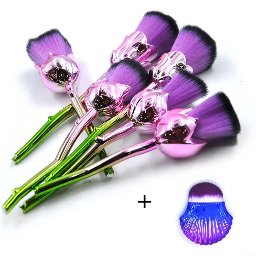Kaizm 6/7 шт., кисти для макияжа в форме цветка розы, наборы кистей с русалочкой для женщин, кисти для пудры, тонального крема, розовые пинцели - Handle Color: purple sets