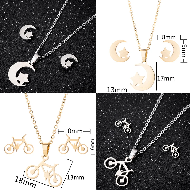 

Stainless Steel Jewelry Sets Gold Star Moon Star Pendent Bike Necklaces Earrings Long Choker Women Necklaces Christmas Gifts
