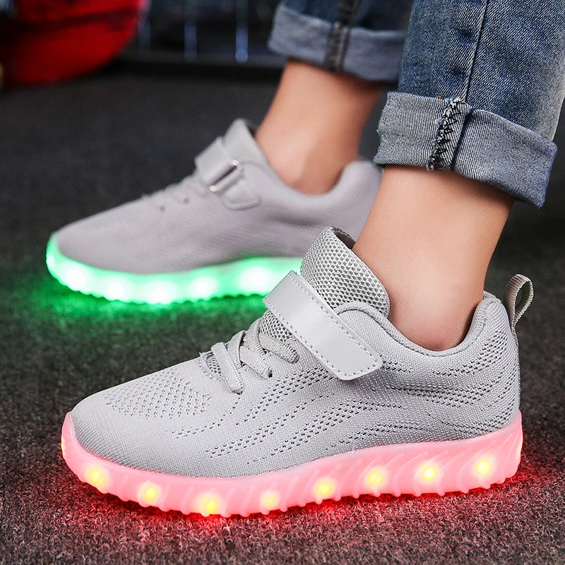 

2018 growing LED lamp shoes fashion for children flash up lace-up USB charge size 25-37 black pink blue gray casual sneakers