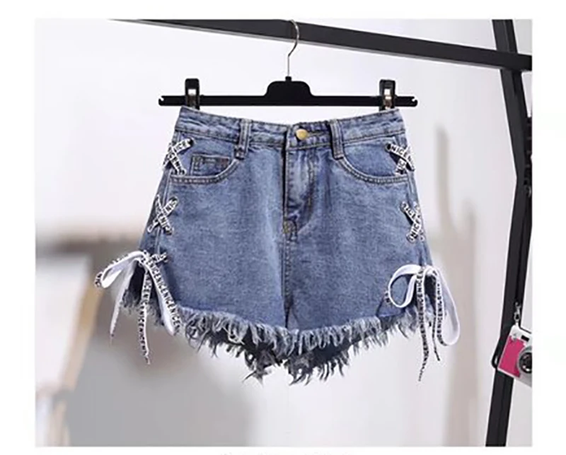 Vangull, летняя Корейская версия, стиль, женская одежда, большой размер, высокая талия, джинсовые шорты, перекрестный ремень, молния, джинсы с бахромой, шорты