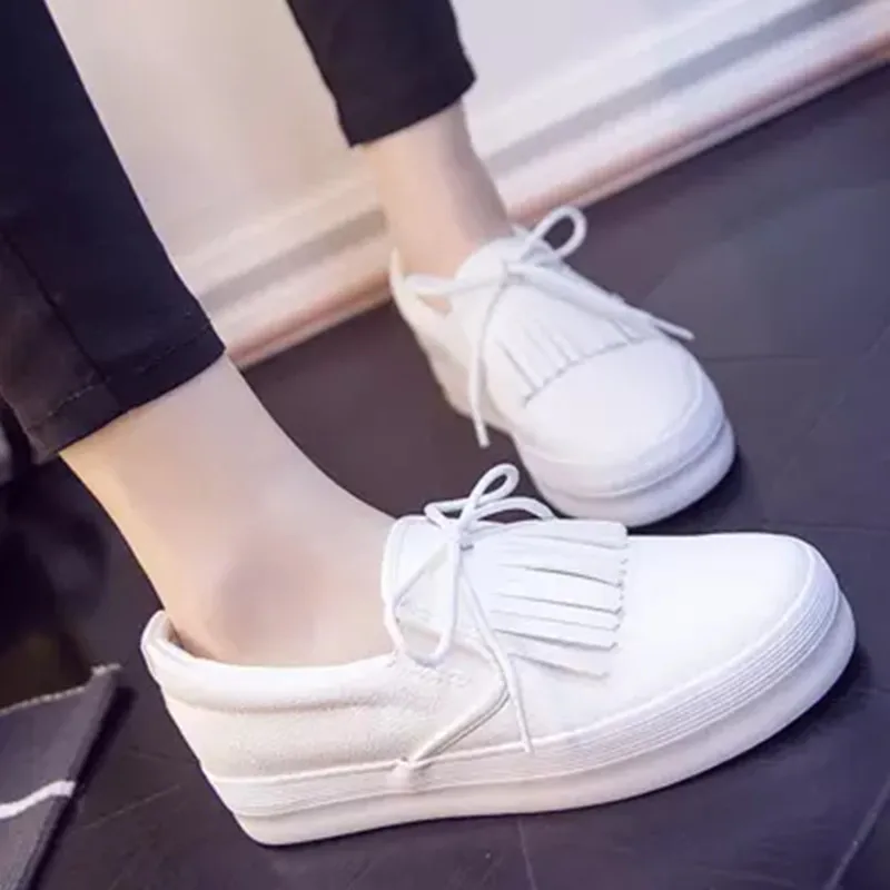 2017 Spring Summer Leather Shoes Korean Student White Low Breathable Lace Up Flat bottomed Slipony Women