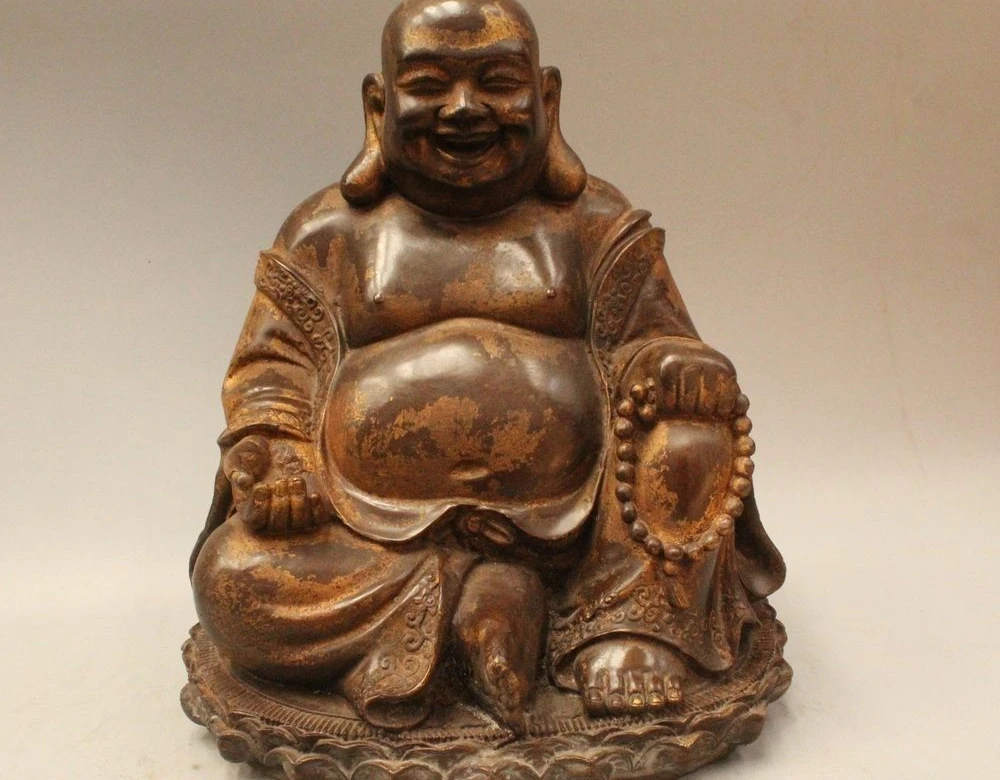 

11" Chinese Buddhism Bronze Seat Happy Laugh Maitreya Buddha Hand Beads Statue