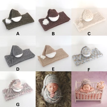 

Handknit Newborn Colorful Wrap Hat Baby Cap Photography Props Textured Blanket Knit Newborn Wrap Set Mohair Sleepy Bonnet