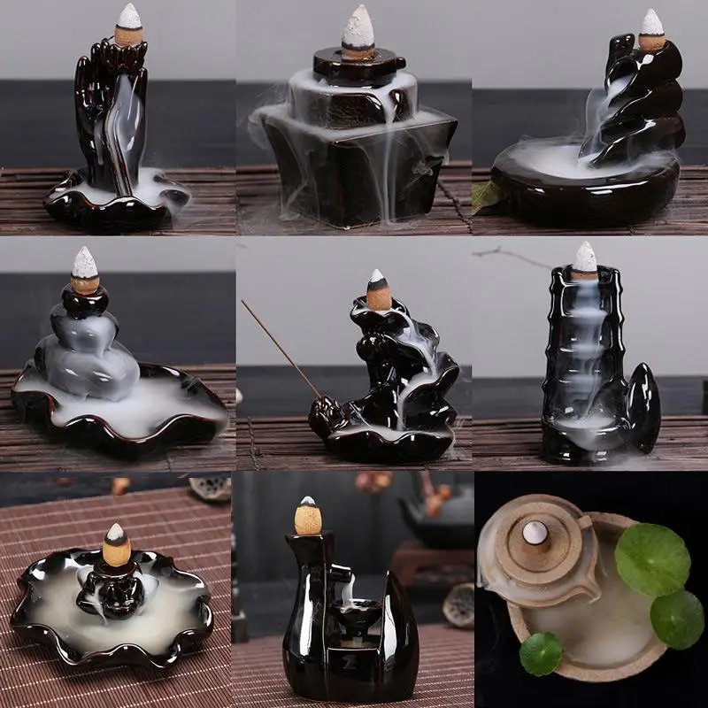 LANGINGS Teapot Backflow Incense Burner Waterfall Ceramic Censer Incense Holder Cones Sticks Decorations with 10 Pcs Cones 