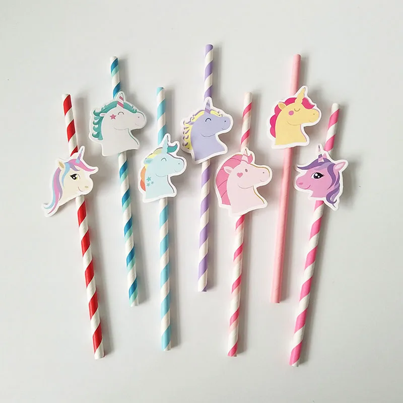 10Pcs/Lot Seven Unicorn Disposable Paper Straws Striped Cartoon Birthday Decoration Theme Festival Drinking Straws Xmas