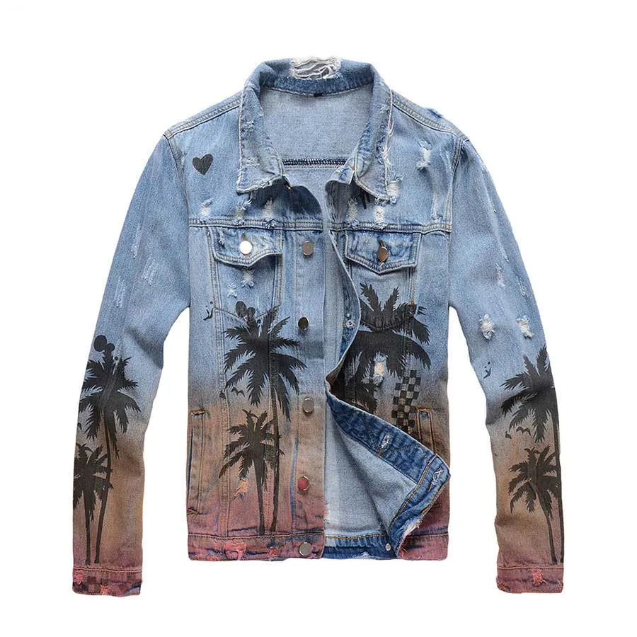 

Mcikkny Fashion Style Men Casual Jacket Hi Street Ripped Distressed Denim Jacket Tropical Pattern Male Outwear Coat Washed M-3XL