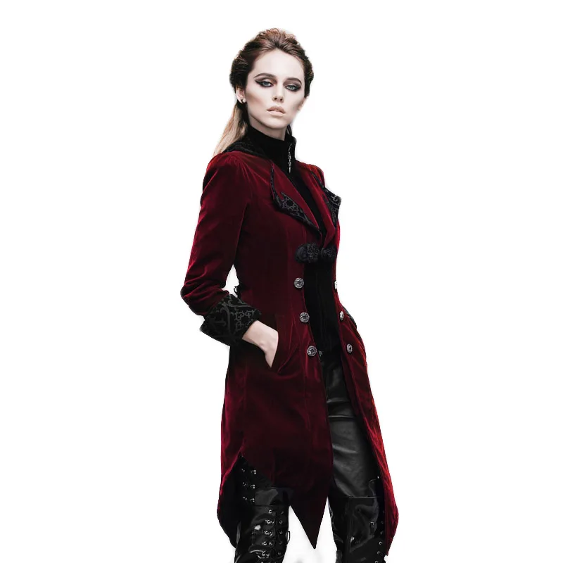Женская куртка в готическом стиле стимпанк, длинное пальто с вышитым принтом и карманами, черное, красное, Diablo, воротник-стойка, Кукольное пальто