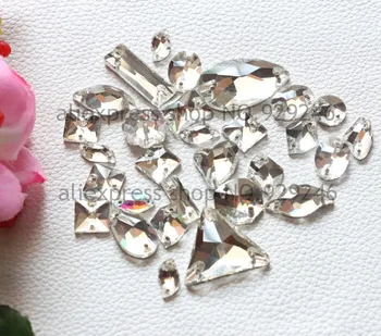 

free shipping 46pcs/pack mixed sizes water-drop leaf S round square strip flower shape clear glass crystal sewing rhinestone